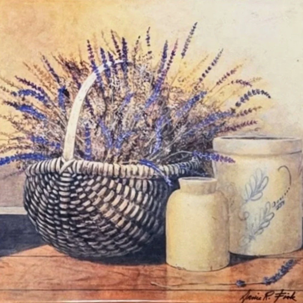 Arnie R. Fisk Basket Of Lavender Hanging Tile/Trivet Framed Light Wood 8